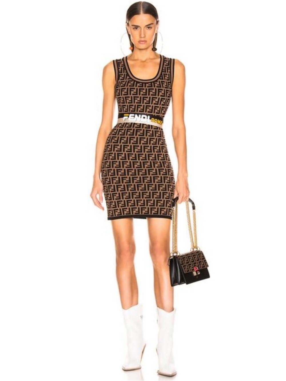 Fendi Tan and Black FF Logo Knit Mini Dress